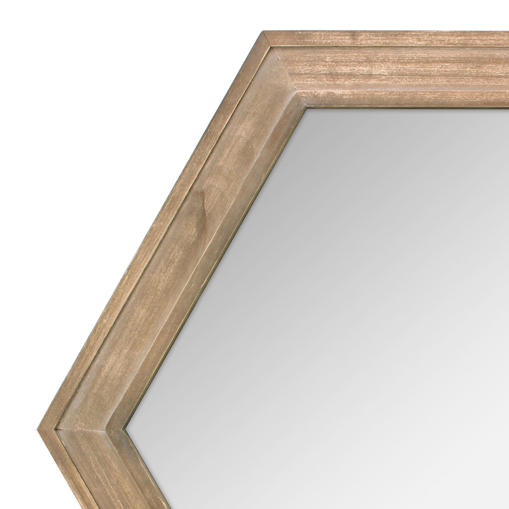 Decorative 24" Hexagon Hanging Wall Mirror with Natural Wood Frame and Attached Hanging Bracket, Rustic Farmhouse