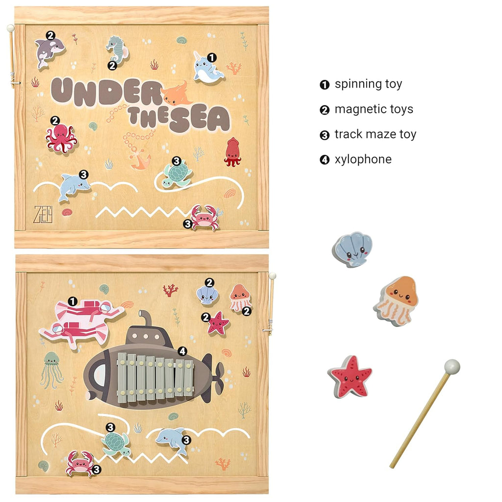 Wooden Playpen Extra Large for Toddlers and Babies - Under The Sea Theme Toy Design - (8/10) Wood Panels - Foldable