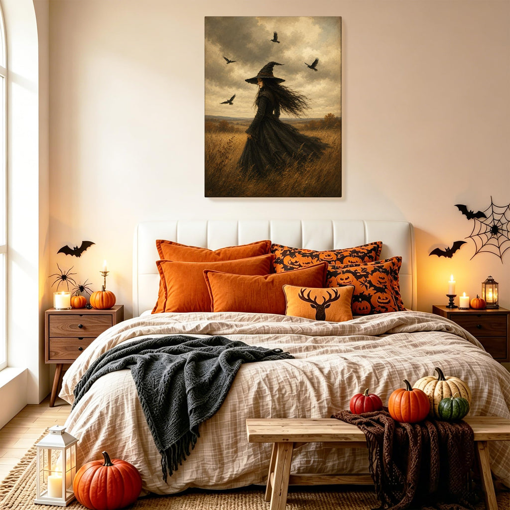 Halloween Canvas Wall Art, Retro Witch with Flying Crows Canvas Prints