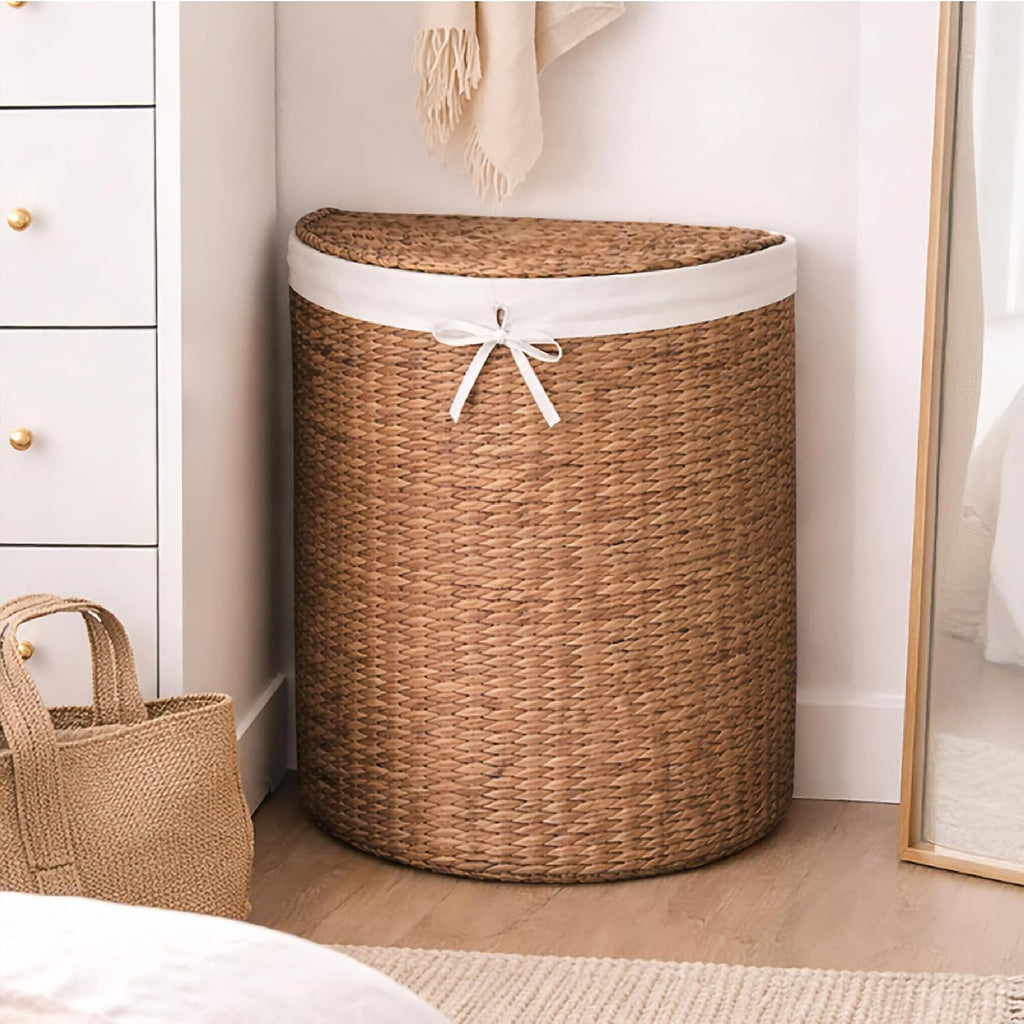 Half Moon Laundry Hamper w/Lid, Woven Half Round Laundry Basket, w/Removable Liner & Bult-in Handles & Laundry Room