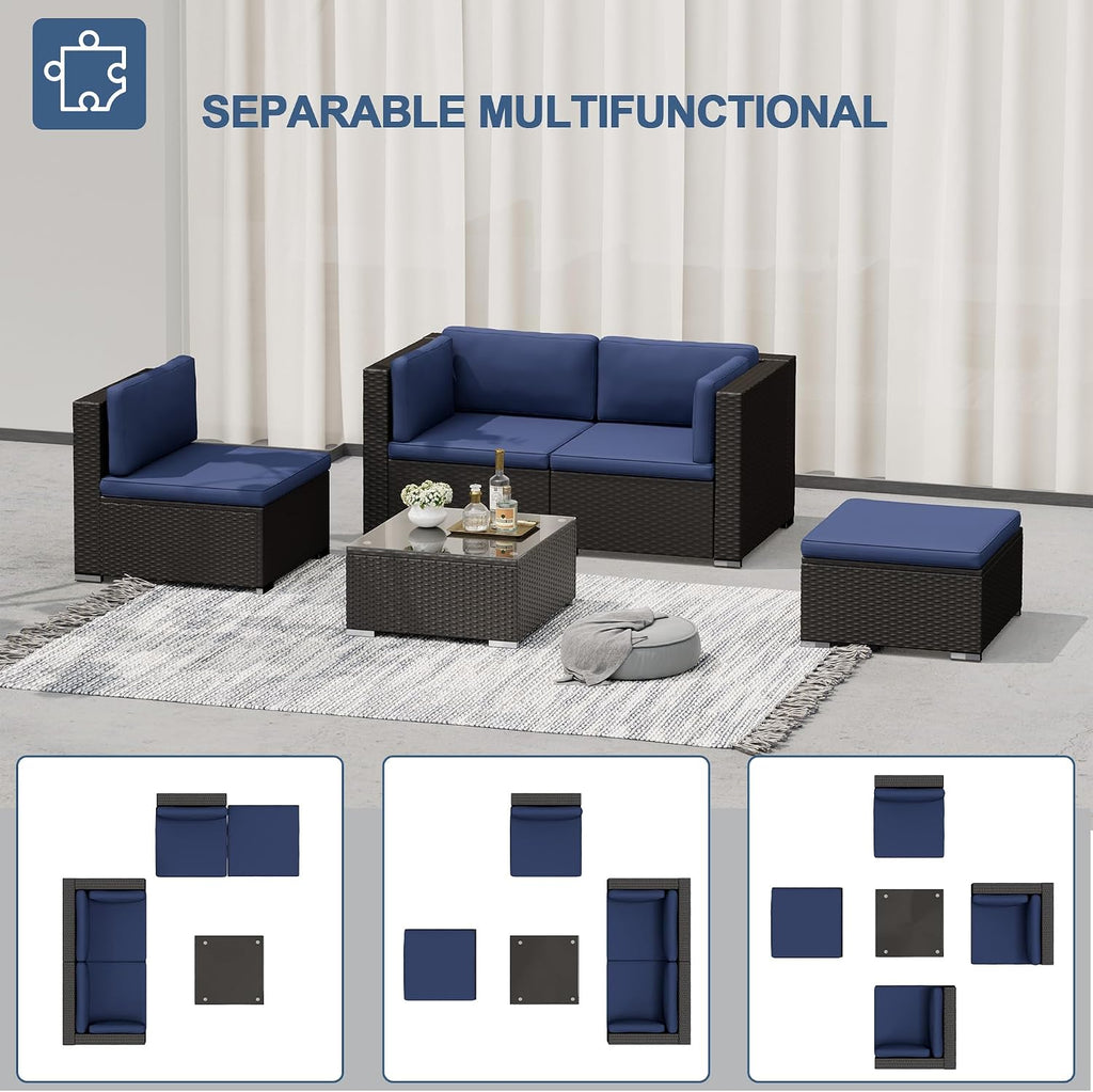 5-Piece Outdoor Patio Furniture Set, All-Weather PE Rattan Sectional Sofa with Ottoman, Glass Coffee Table &