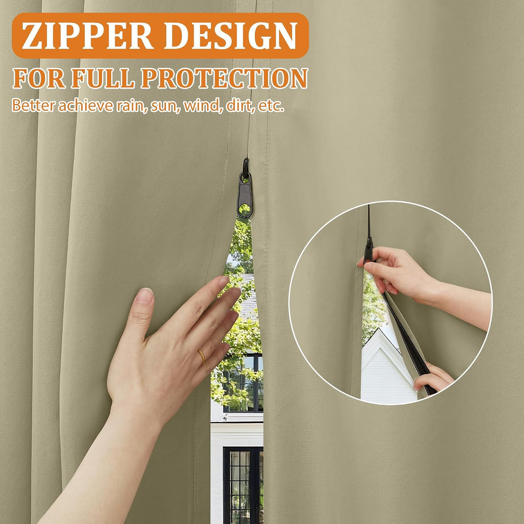 Outdoor Curtains Waterproof 2 Panels Blackout Curtains 108 inch Long with Zipper Top & Bottom Grommet Sun Blocking