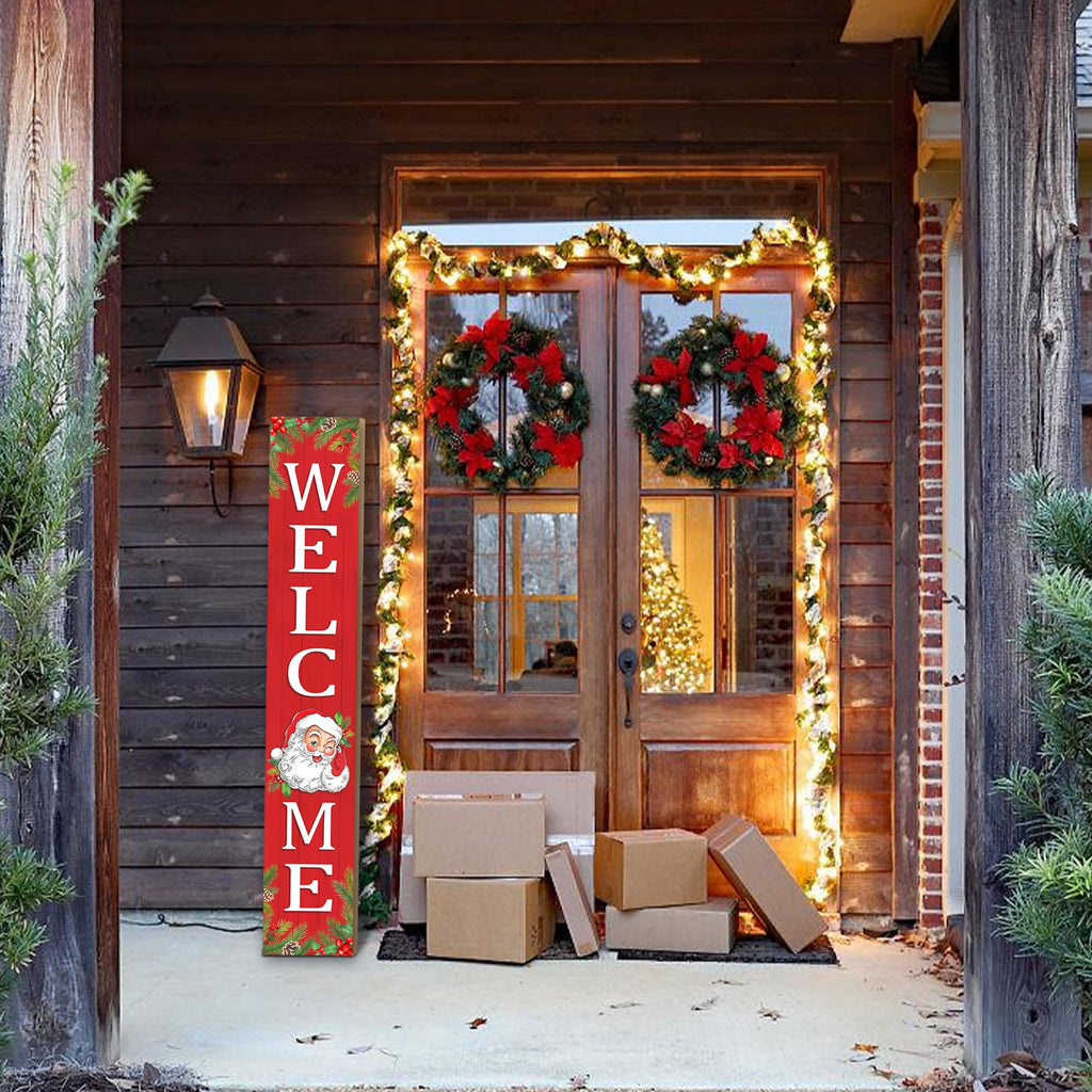 Christmas Wooden Porch Sign 47" Santa Claus Large Welcome Porch Sign Front Door Yard Party Decor(Red)