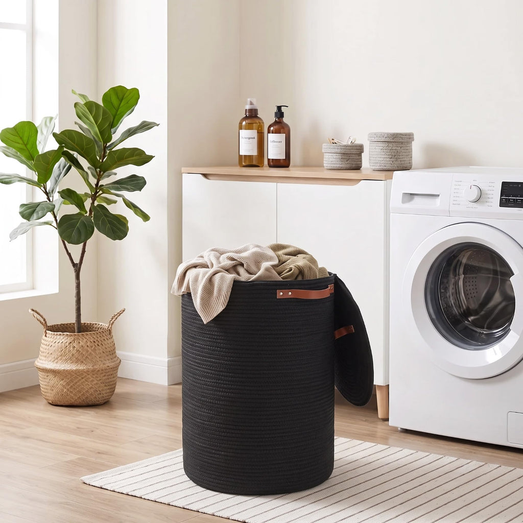 Black Basket with Lid, 15" x 20" Tall Woven Cotton Rope Laundry Hamper with Zipper, Modern Round Laundry Basket for