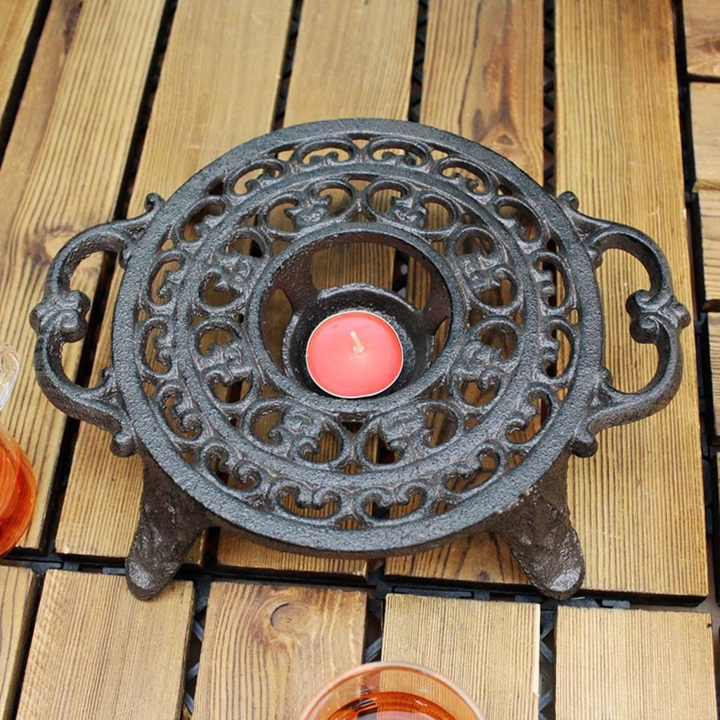 9 Inches Cast Iron Teapot Warmer Dish Cups Trivet,Round-Shaped Double Eared Design with Tealight Holder - Heavy Duty