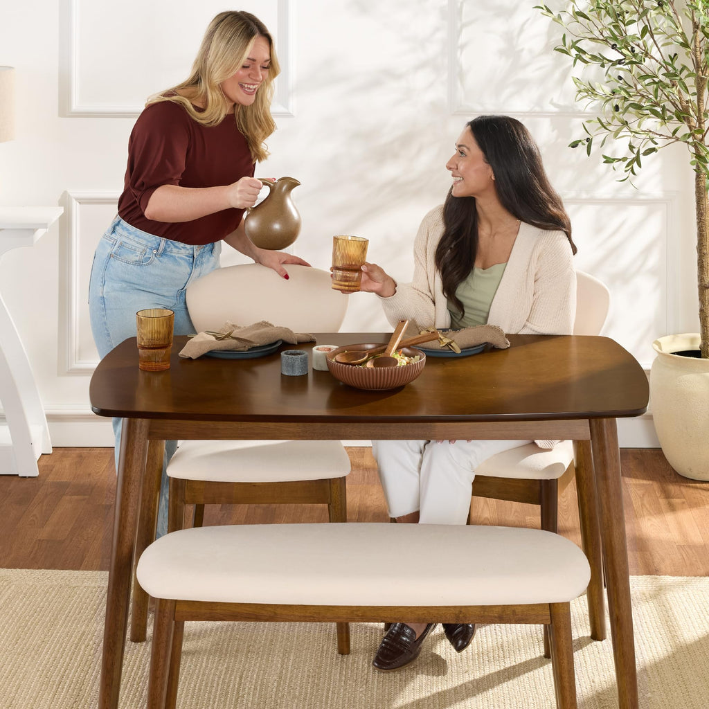 4-Piece Mid-Century Modern Wood Dining Kitchen Table & Chair Set w/ 2 Upholstered Chairs, Bench Seat - Walnut/Cream