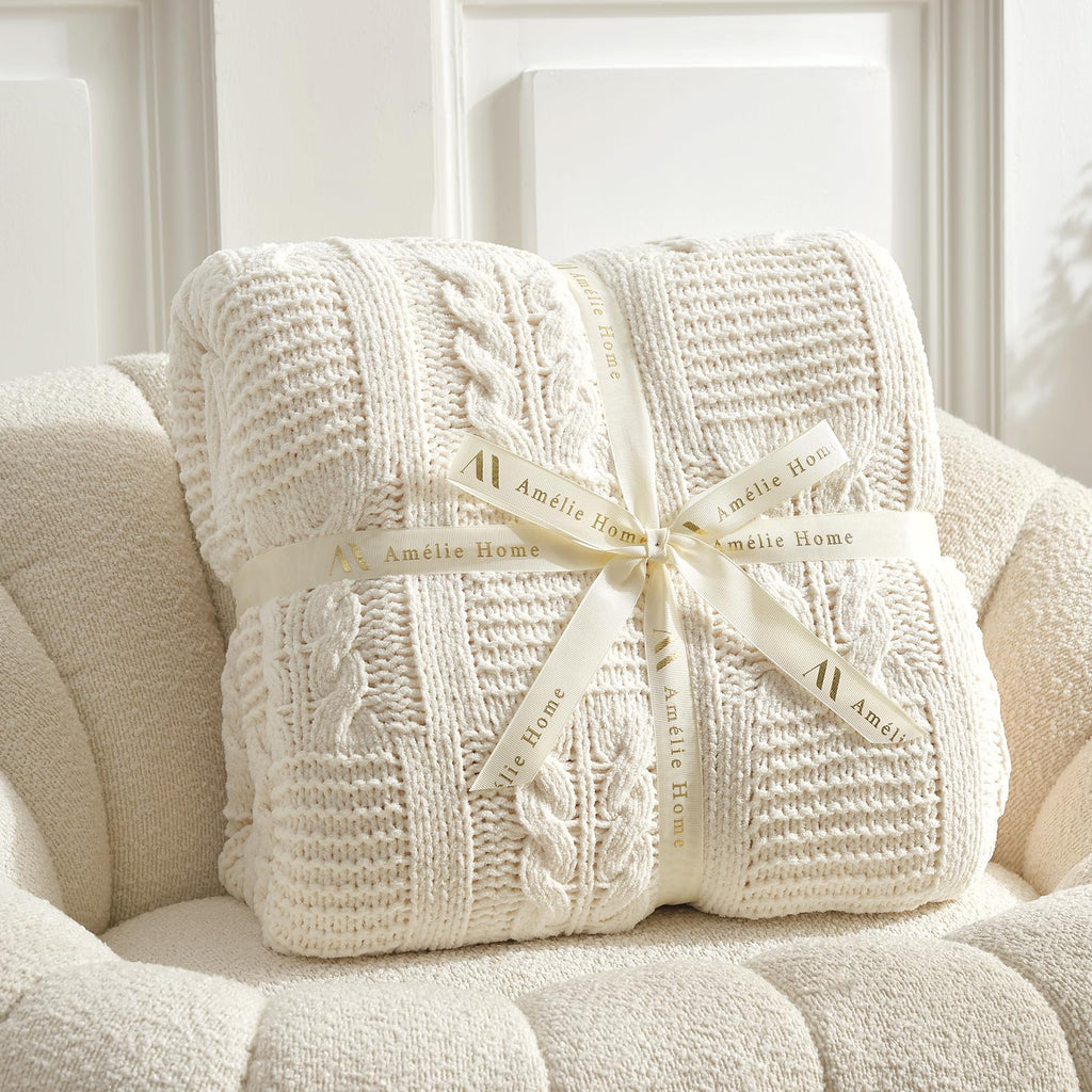 Chenille Knit Throw Blanket, Cream White 50"x60"