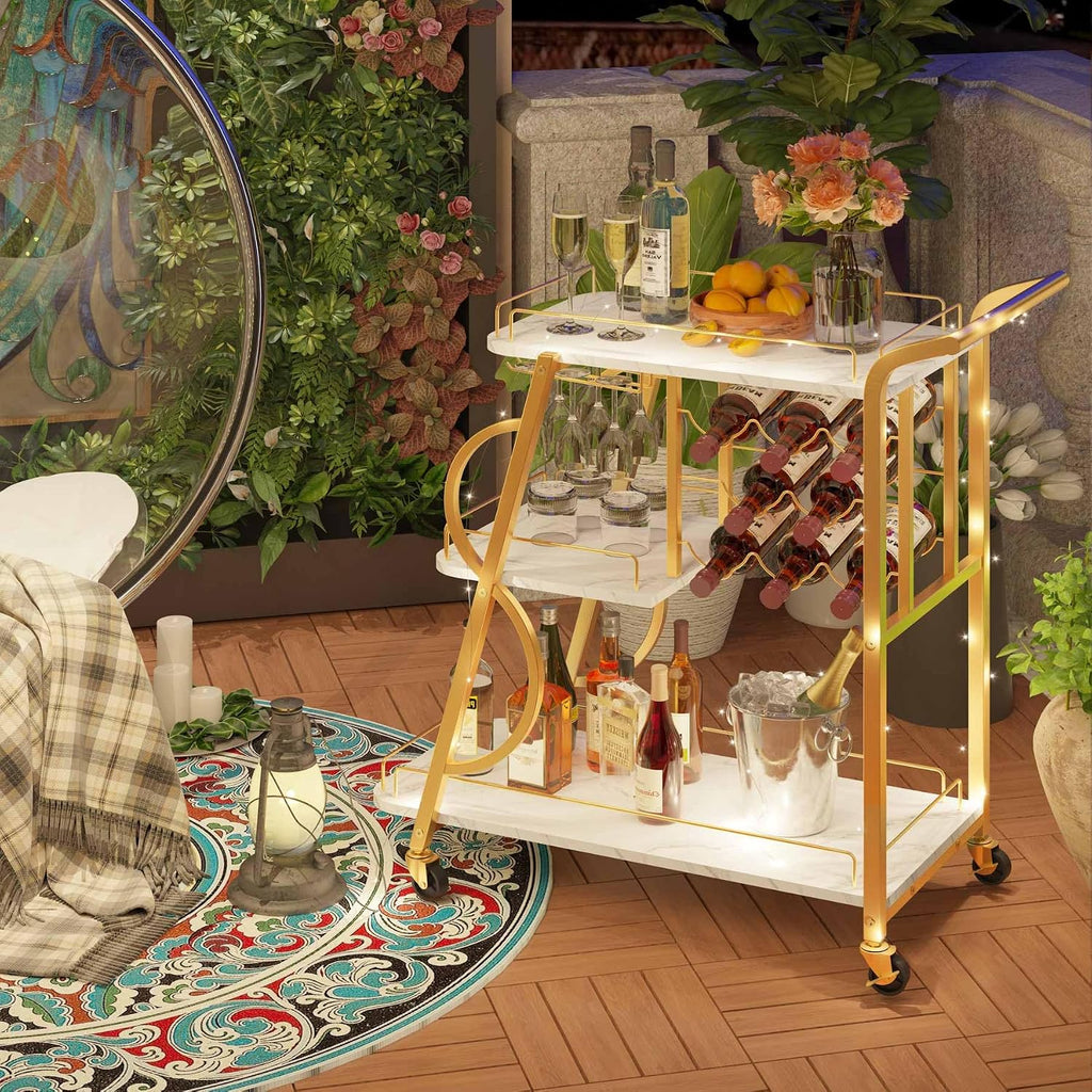 Bar Cart, Gold Bar Carts for The Home, Serving Cart with Wine Glass Holder, 3-Tier Drink Carts with Wheels, Rolling
