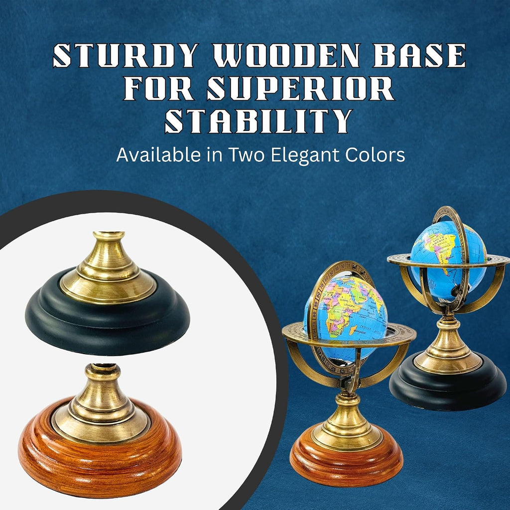 5.10" Nautical Brass Armillary Sphere World Globe with Aqua Blue Map, Jet Black Wooden Base - Elegant, Durable Decor