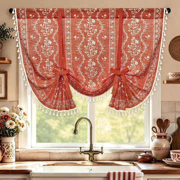 Boho Valance Curtains Vintage Linen Kitchen Valances for Windows Light Filtering Floral Valance Rod Pocket Farmhouse