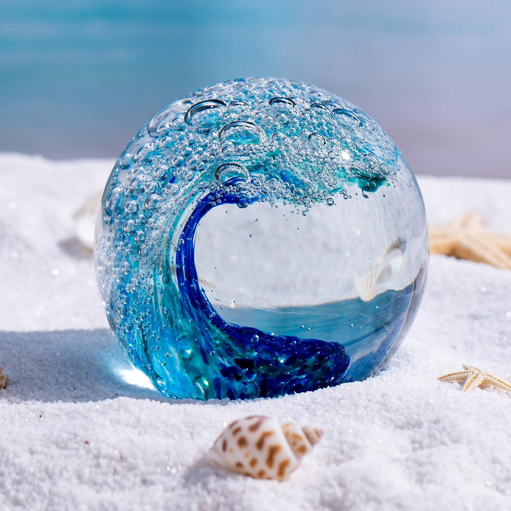 3.15" Ocean Wave Art Glass Paperweight, Hand Blown s Collectibles, Ocean Waves Decor Coastal Beach