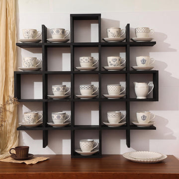 5x5 Wall Shelf for Tea Cups Saucers, Rustic Wood Rack, Black