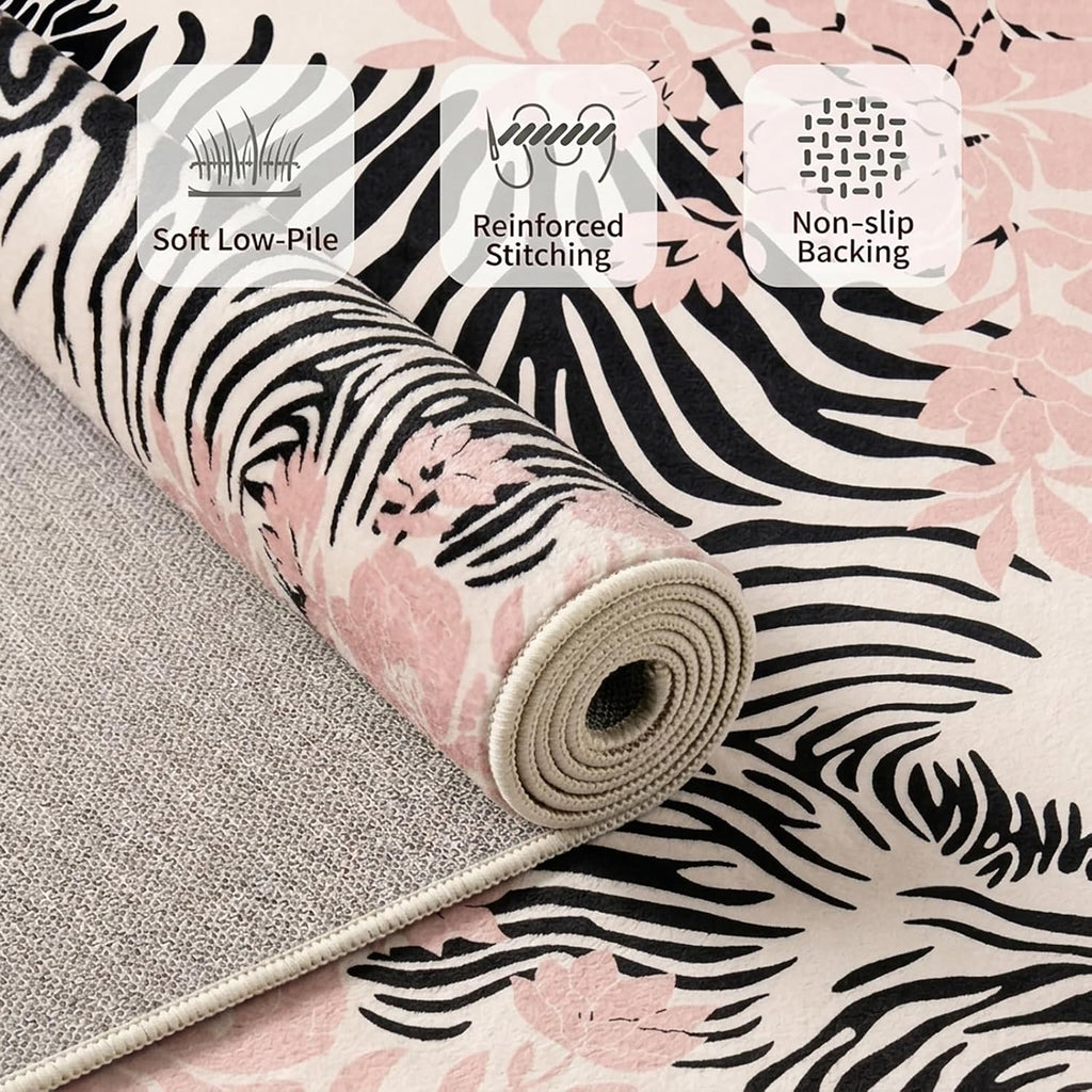 5x7 Black and Blush Pink Zebra Stripe Floral Pattern Area Rug