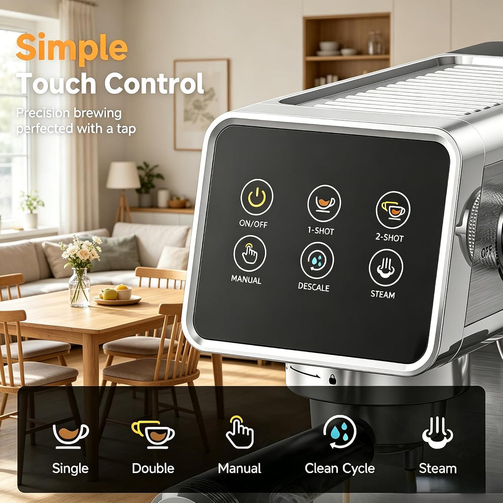20 Bar Home Espresso Coffee Machine | LED Touchscreen, Built-in Milk Frother, Self-Cleaning Function, Makes Latte &