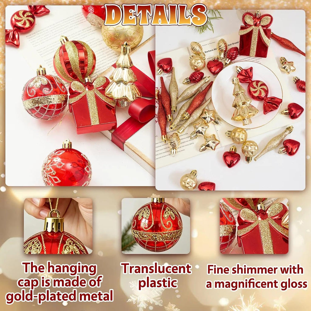 Christmas Ornaments Set, Red and Gold Balls Xmas Tree Hanging Decors - Set of 46