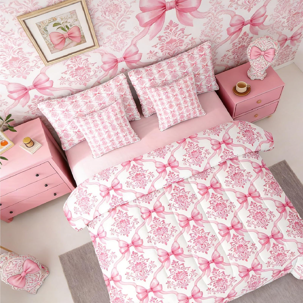 Pink Bow Decor Victorian Queen Comforter Set with Sheets | Antique Damask 7-Piece Bedding Set Gothic Baroque Floral