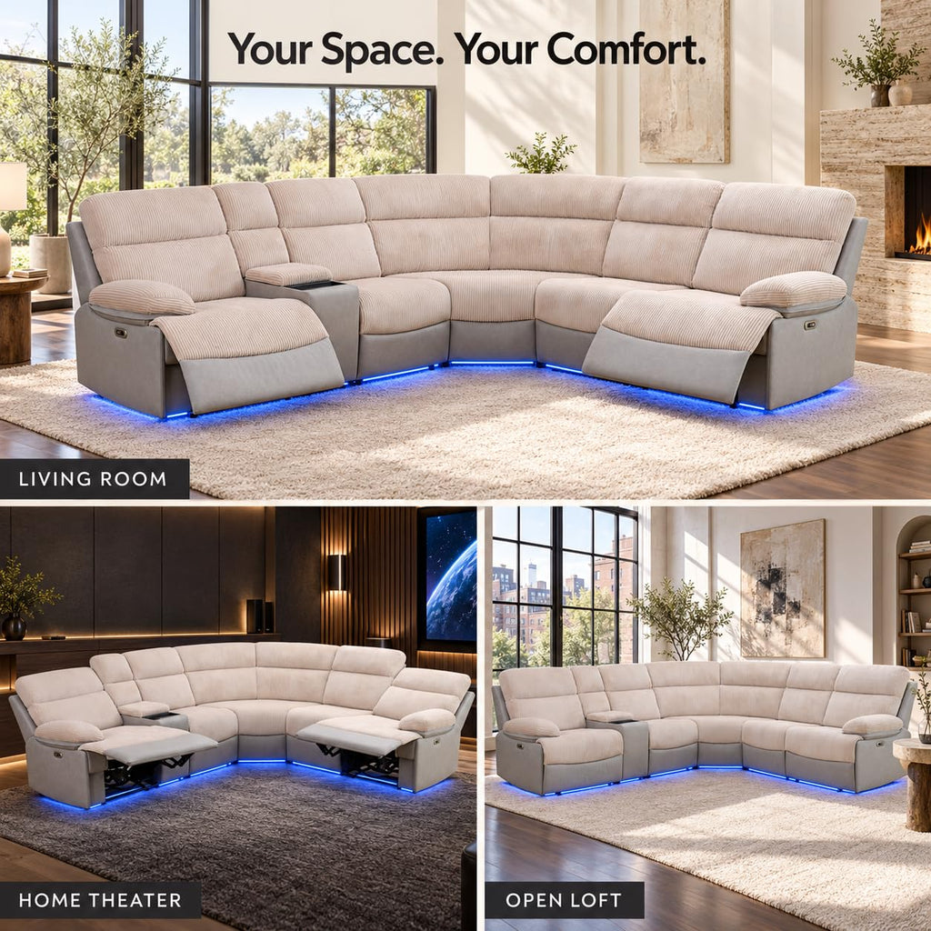Power Reclining Sectional Sofa, L-Shaped Air Leather Couch with LED Lights, Wireless Charging, Drop-Down Table, Cup