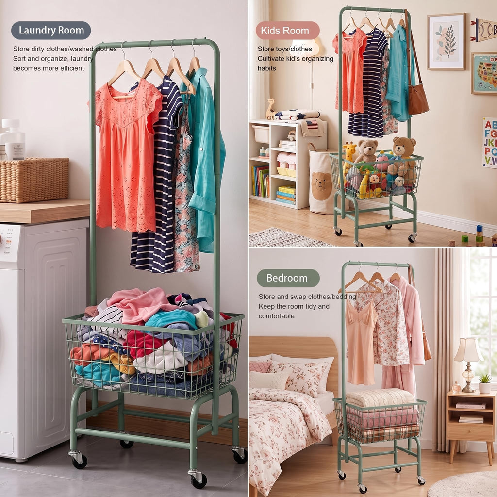 Laundry Cart with Clothes Rack, Rolling Laundry Butler with Wire Storage Rack,Green