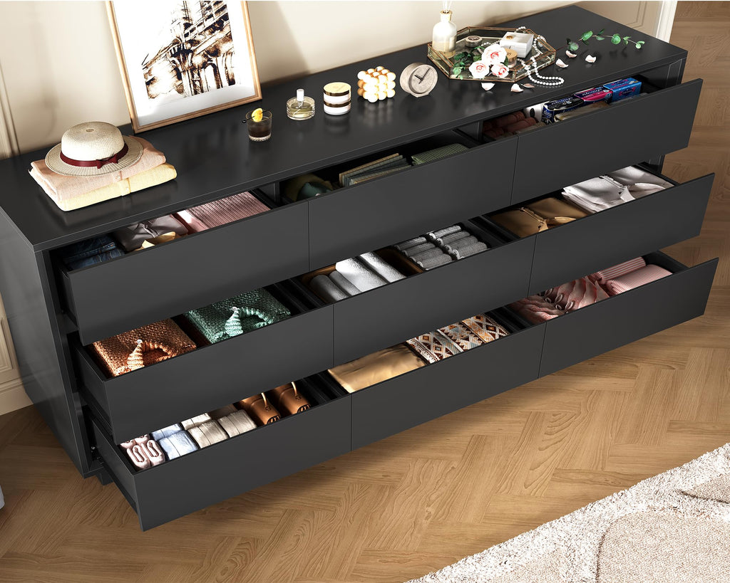 63" Dresser with 9 Drawers, Black Dresser with Metal Slide, Bedroom Dressers, Wood Dressers & Chests of Drawers