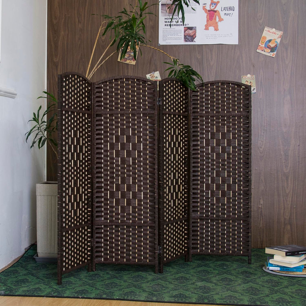 4 Panel Dark Brown Rattan Room Divider, 47.2" Low Height Double-Sided Folding Privacy Screen, Freestanding Partition