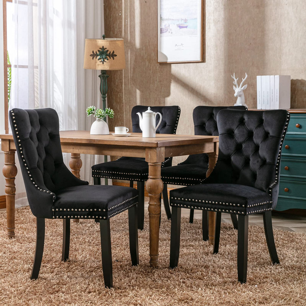 Modern Tufted Upholstered Dining Chairs Set of 4, Classic Black Velvet Dining Room Chair with Solid Wood Legs, Sillas