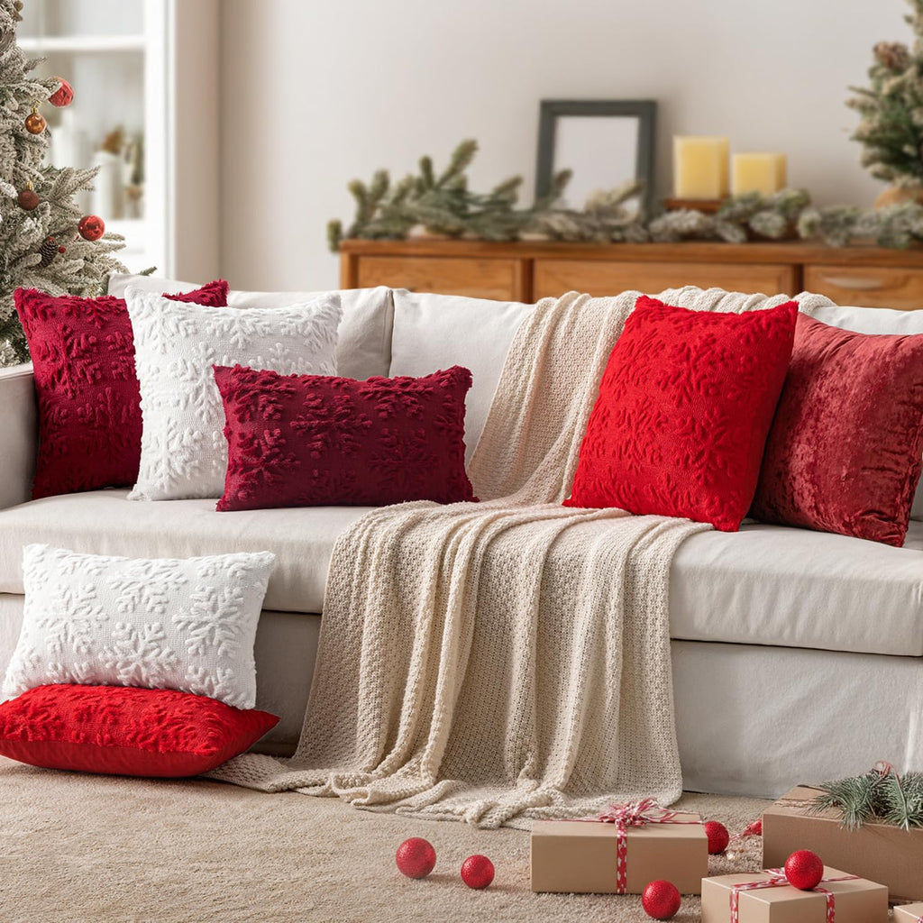 Christmas Pure White Throw Pillow Covers Snowflakes Decorative 18×18 Inch Faux Wool Winter Festival Couch Pillow - Set of 2