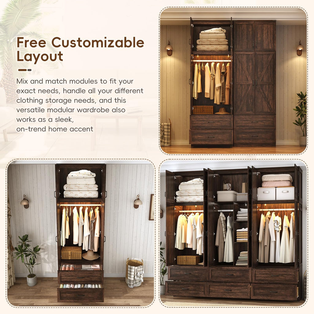 94" Tall Farmhouse Armoire Wardrobe Closet, 4 Doors & 2 Drawers, Brown