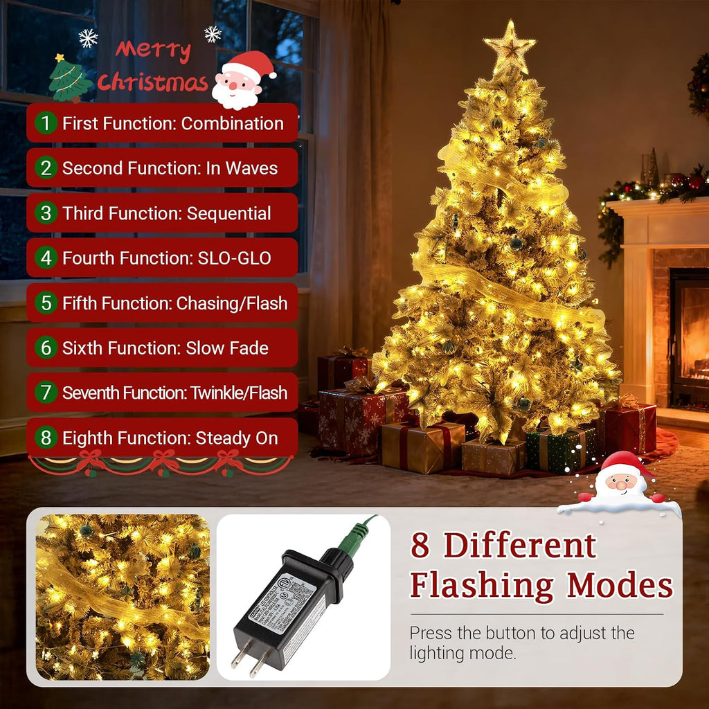 7ft Snow-Flocked Artificial Christmas Tree, LED pre-lit Holiday Xmas Tree Party Decoration with 1100 PE&PVC Hinged