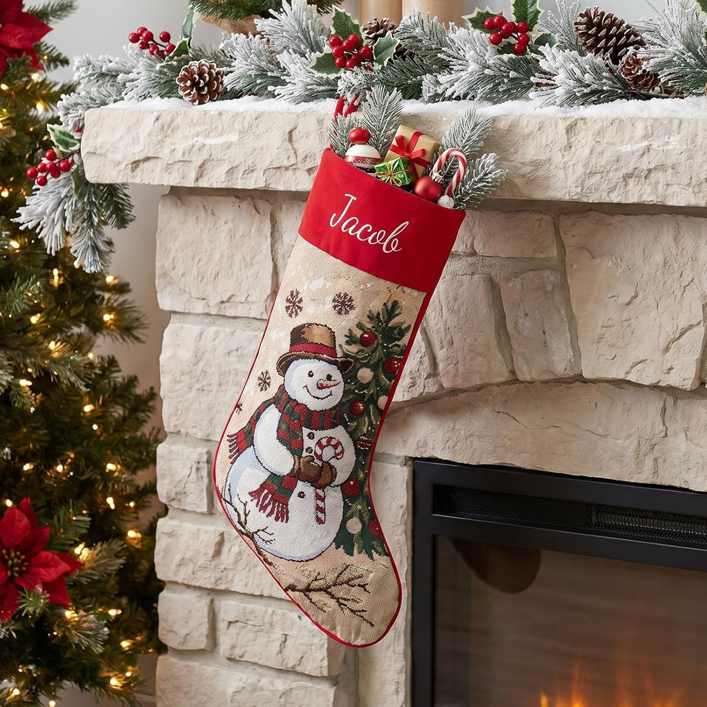 With Embroidered Name,Soft Velvet Cuff with Snowman Jacquard Design Xmas Stockings,18Inches Vintage Stocking