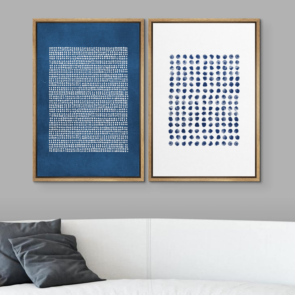 Framed Canvas Print Wall Art Set Navy Blue White Geometric Dot Collage Abstract Shape Illustration Modern Art