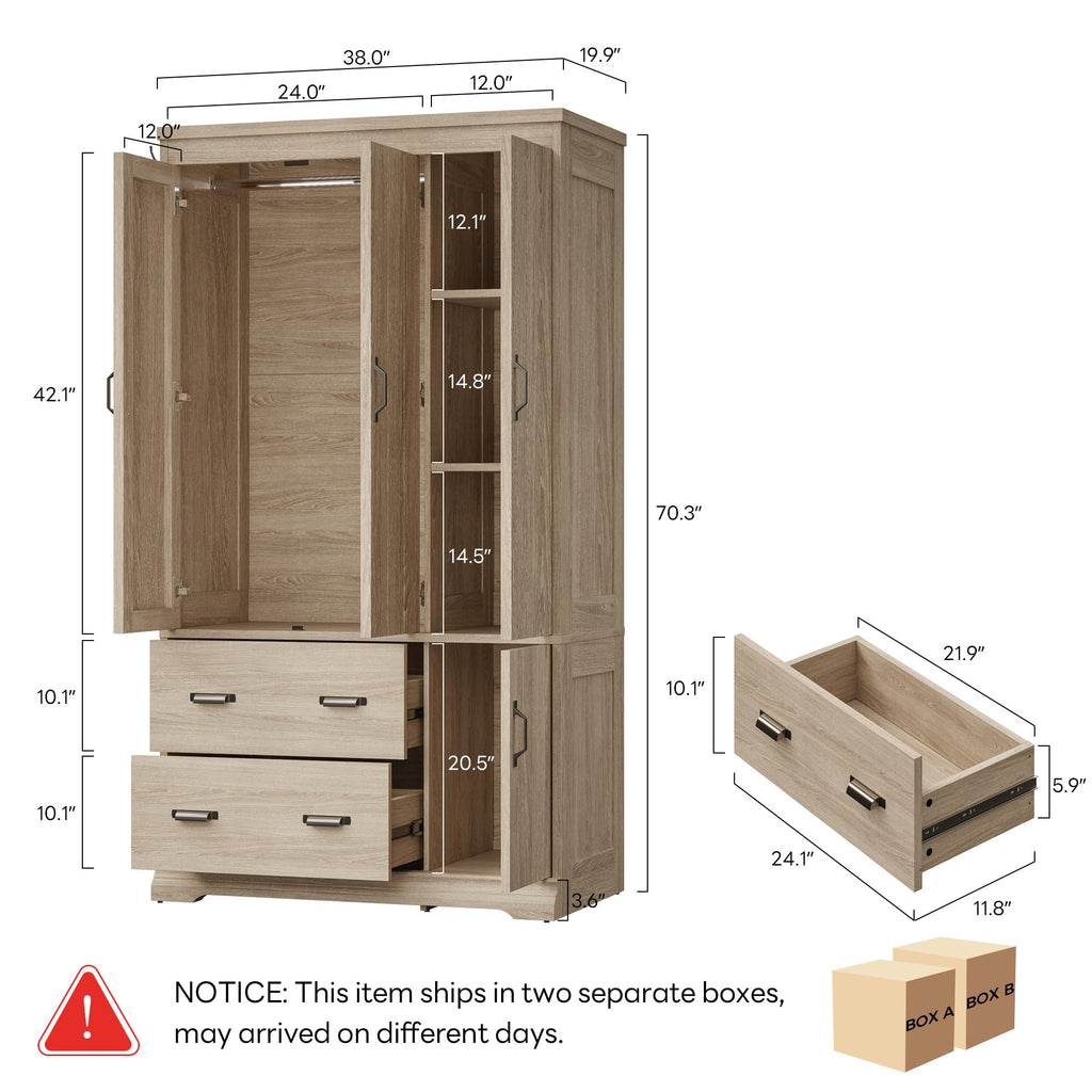 70" Freestanding Wardrobe Closet (Natural Oak)