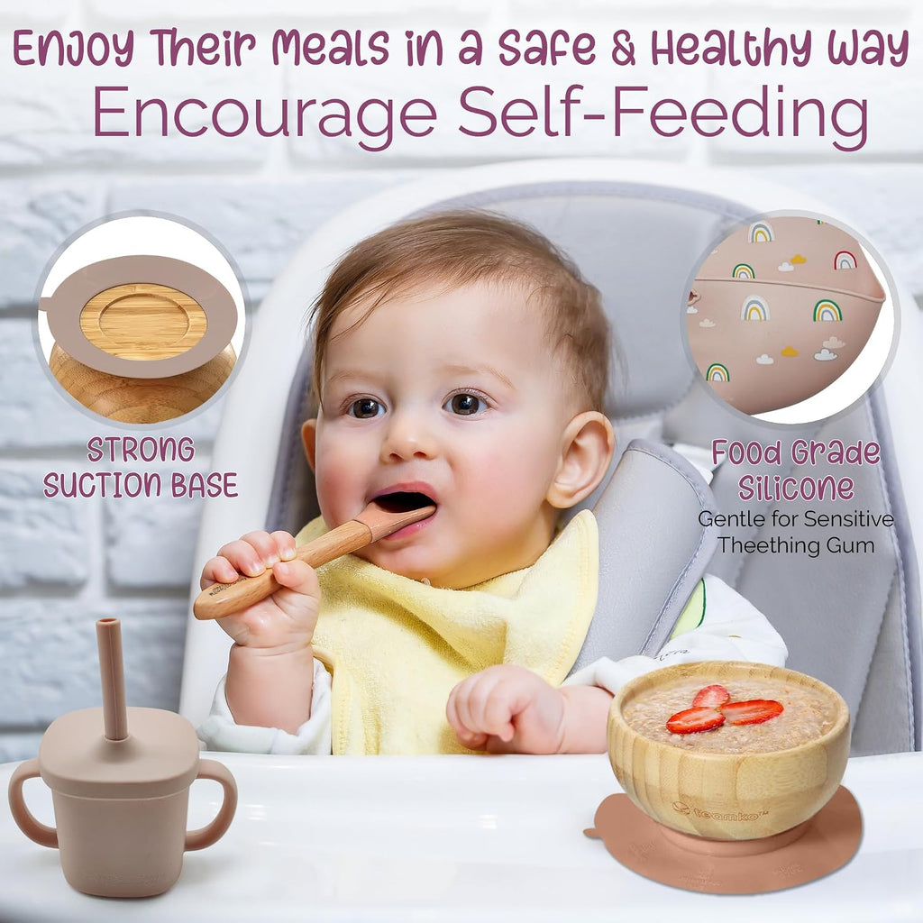 Silicone Baby Feeding Set: Bamboo Baby Plate and Bowl, Bib, Utensils, Cup & Placemat - Bamboo Kids Plates - Ideal