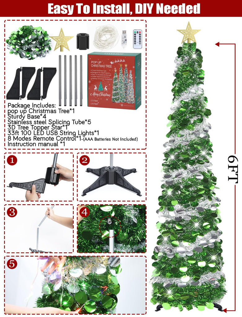 6 FT Pop Up Tinsel with 100 Colored Timer Lights & Remote, Green Silver Collapsible Artificial Pencil Tree Xmas
