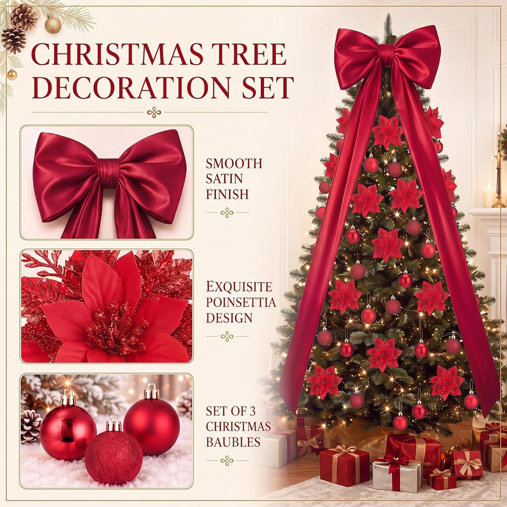 Christmas Tree Decoration Set with Burgundy Tree Topper Bow - Set of 52