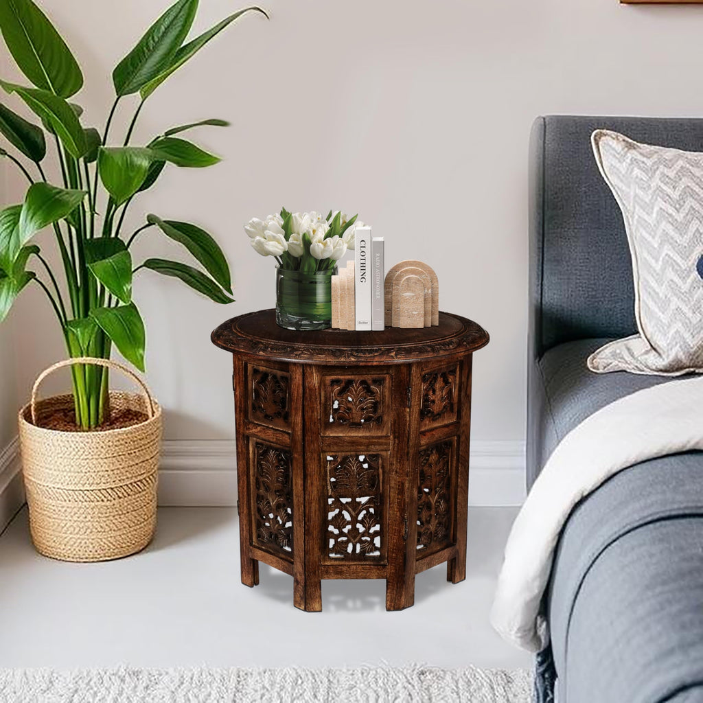 SideTable in Solid Wood With Hand Carving, End Table, Octangle Table 18x18