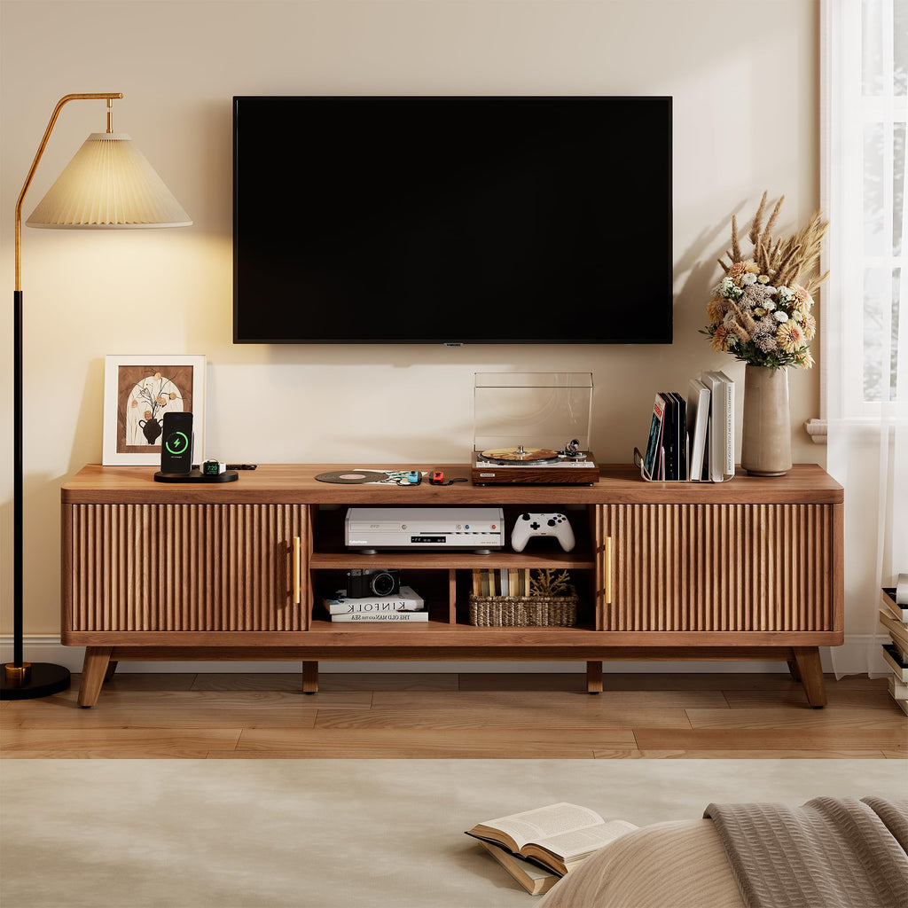 70" Mid Century Modern TV Stand, Fluted Entertainment Center TV Stand with Power Outlet, Reinforced 1.1'' Tabletop