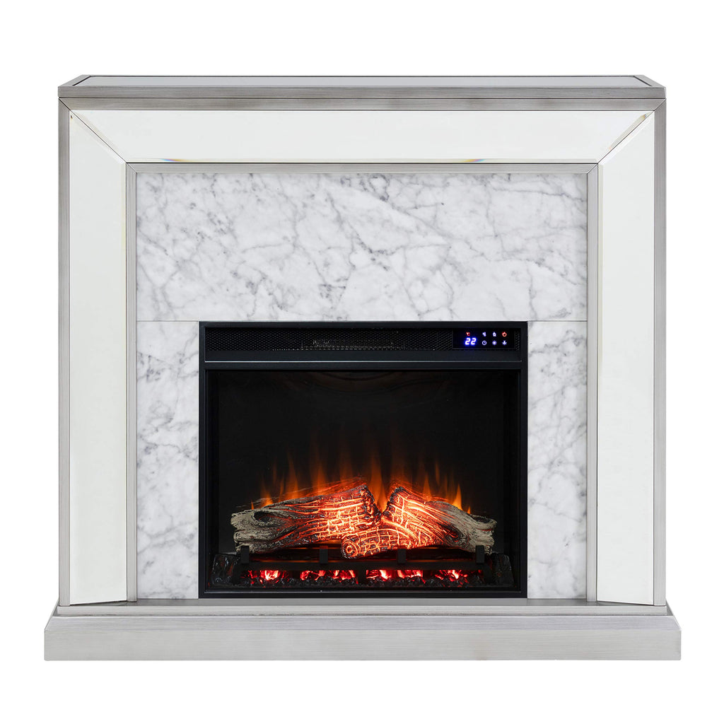 Trandling Mirrored Touch Screen Electric Fireplace with Faux Marble - Transitional Design, Grey Glass and Wood
