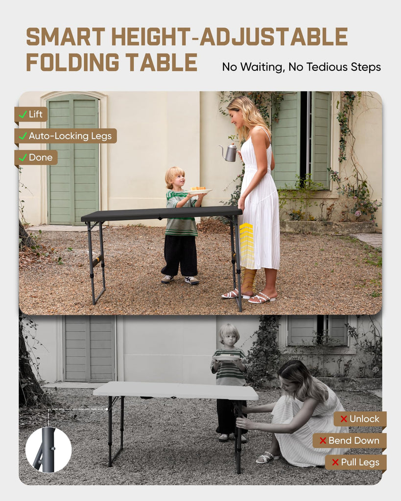 Folding Table 4 Foot Quick Adjust Portable Plastic 4 Heights