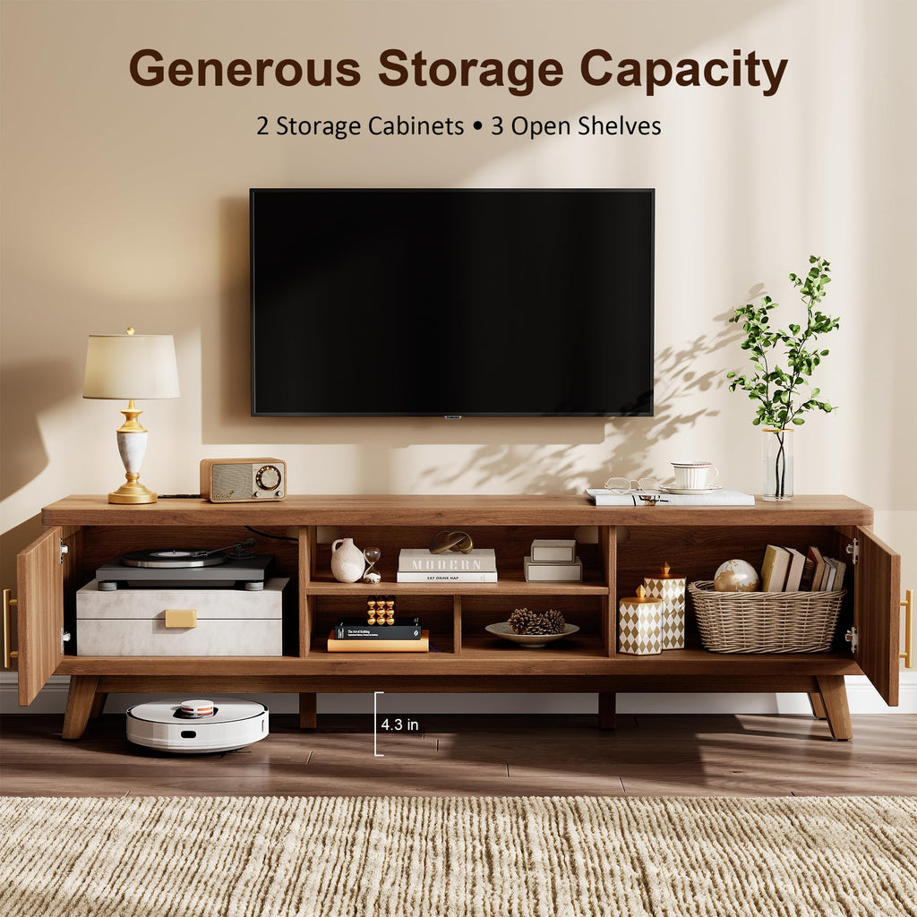 70" Mid Century Modern TV Stand, Fluted Entertainment Center TV Stand with Power Outlet, Reinforced 1.1'' Tabletop