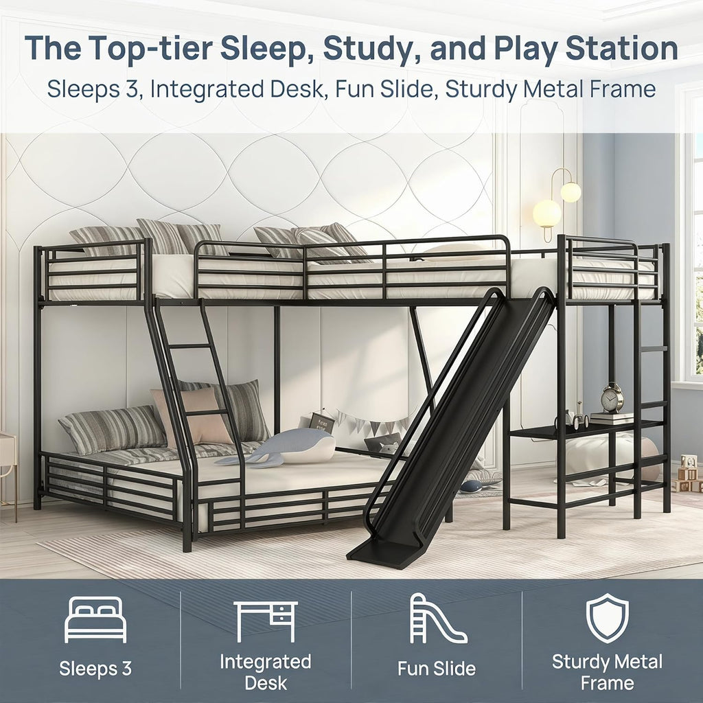 Triple Bunk Beds, L-Shape Twin Over Full Bunk Bed Attached a Loft Bed with Desk, Triple Bunk Beds with Slide