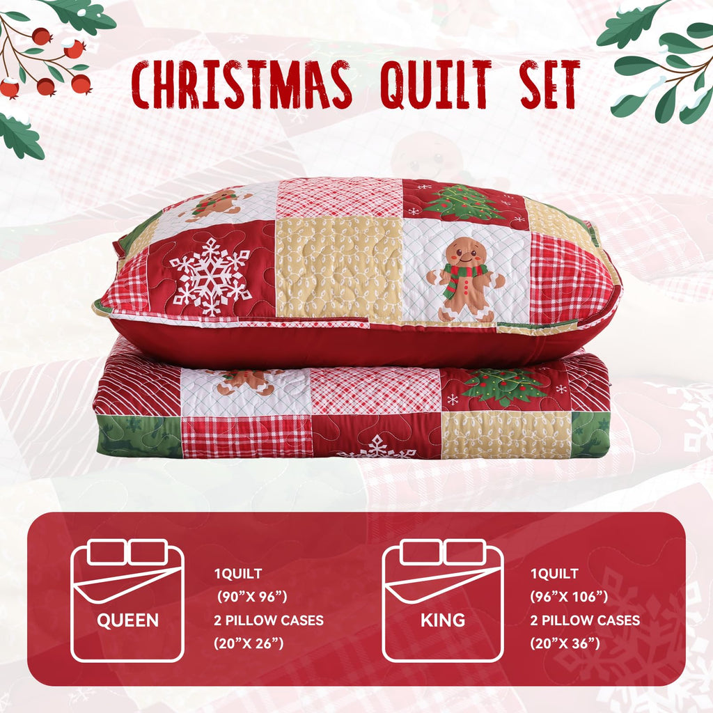 Christmas Quilt Queen Size, Gingerbread Christmas Patchwork Bedding
