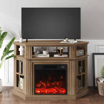 Corner Fireplace TV Stand for Television up to 55" with Storage Cabinets, Entertainment Center, Media Console, Brown
