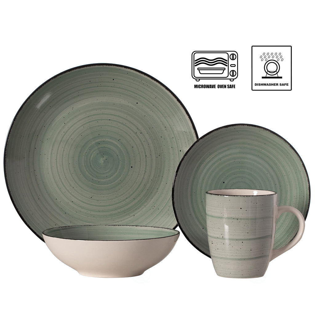 16 PC Spin Wash Dinnerware Dish Set for 4 Person | Mugs, Salad and Dinner Plates and Bowls Sets, Stylish Dishes with
