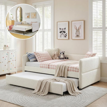 Full Daybed with Pop Up Trundle, Boucle Upholstered Daybed with Trundle, Full to King Expandable Day Bed with Wood