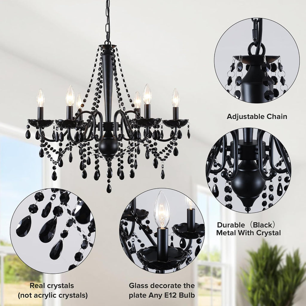 Black 6 Light Crystal Candle Chandelier - French Country Farmhouse, H21.3" x W24.8"