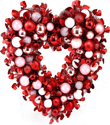 17.7'' Heart Shaped Wreath Red Pink White Heart Wreath with Tinsel Red Balls Decorations for Front Door Wedding Party