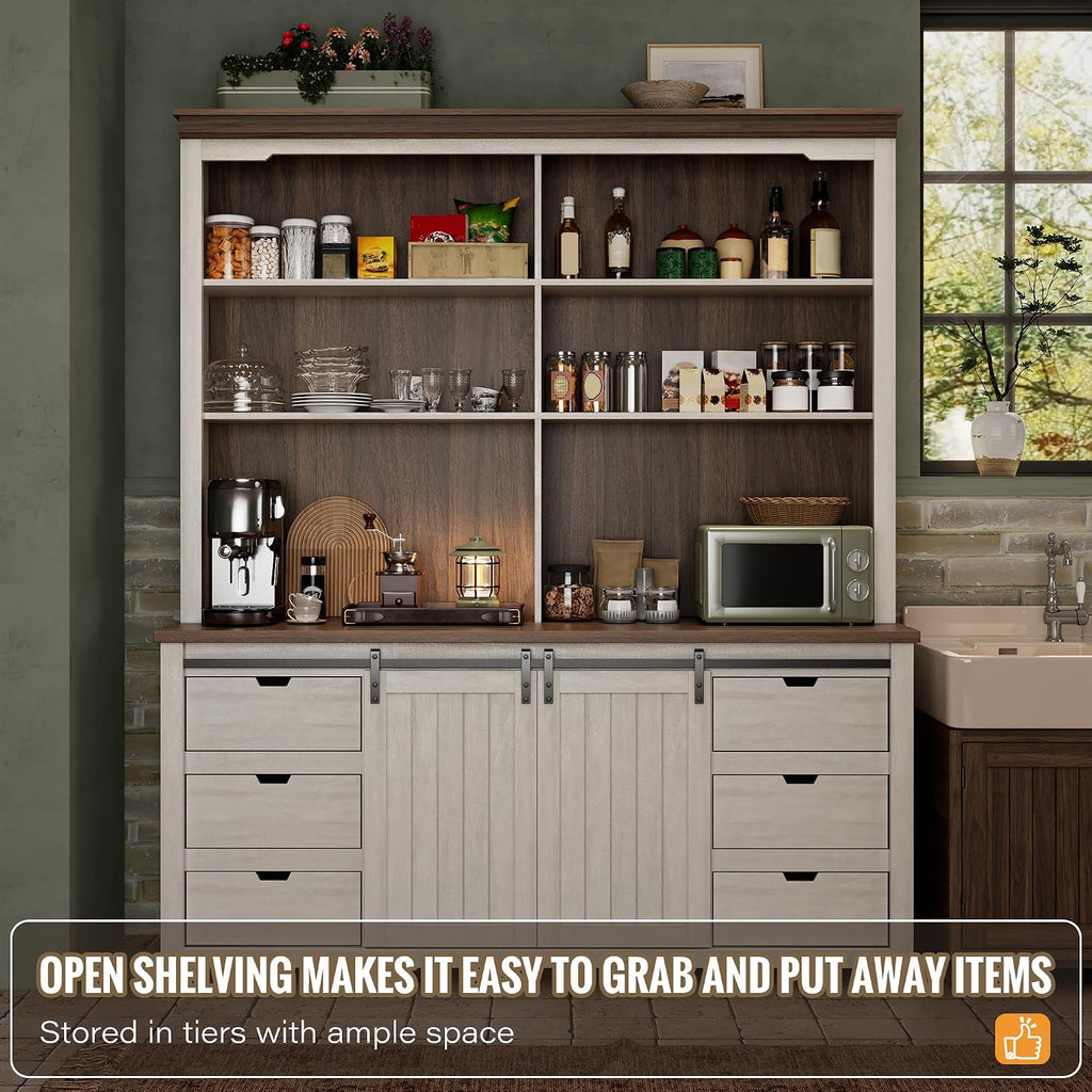 78.8" H Farmhouse Kitchen Hutch Cabinet with 3-Tier Open Shelves, Storage Pantry Cabinet with Wide Countertop, 6