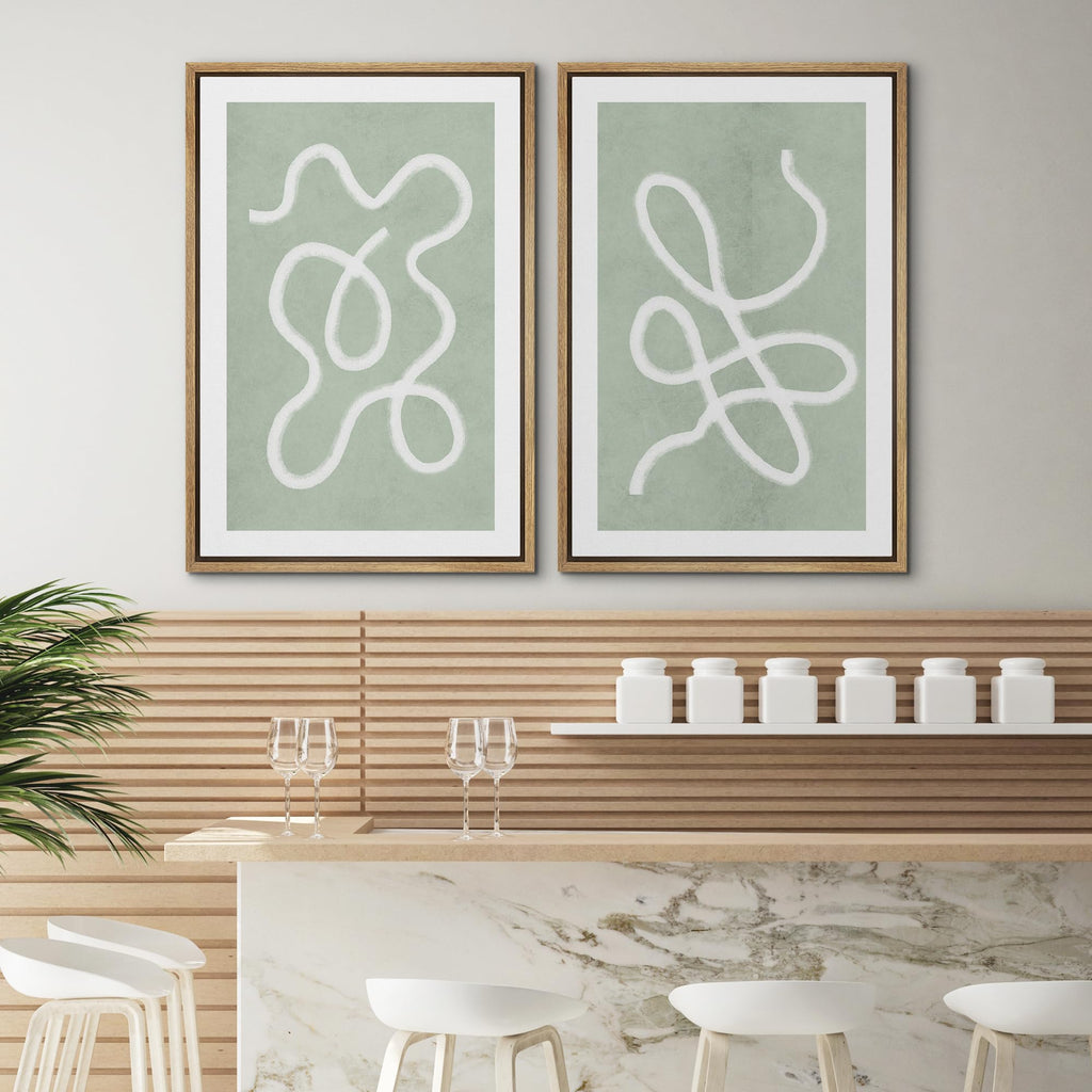 Framed Wall Art Print Set White Line Over Contrasting Green Background Abstract Swirly Digital Art Modern Art