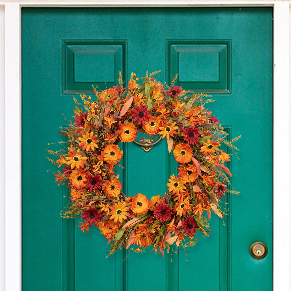 Artificial Fall Wreath 22 Inch Autumn Wreaths for Front Door Orange Daisy Wreath with Wildflowers Berries for Indoor