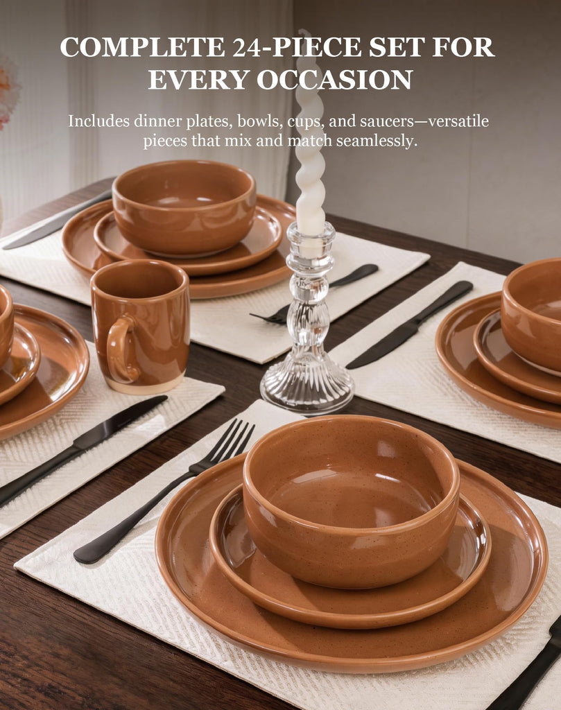 24-Piece Brown Stoneware Dinnerware Set for 6 with Mugs, Plates and Bowls Sets with Partially Unglazed Base, Scratch
